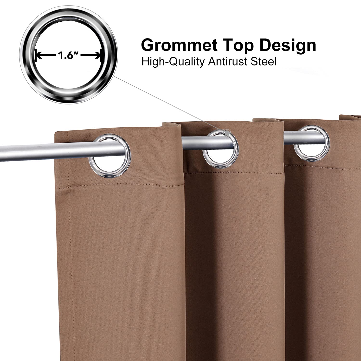 ChrisDowa cappuccino grommet curtains show thick fabric for noise reduction and warmth.