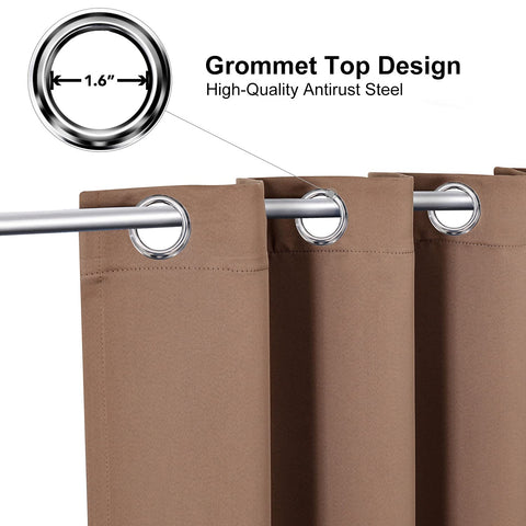ChrisDowa cappuccino grommet curtains show thick fabric for noise reduction and warmth.