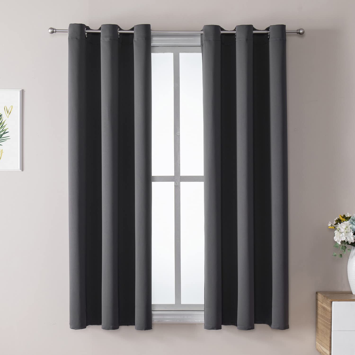 ChrisDowa grommet blackout curtains, 2-panel dark-grey set, ideal for bedroom privacy.
