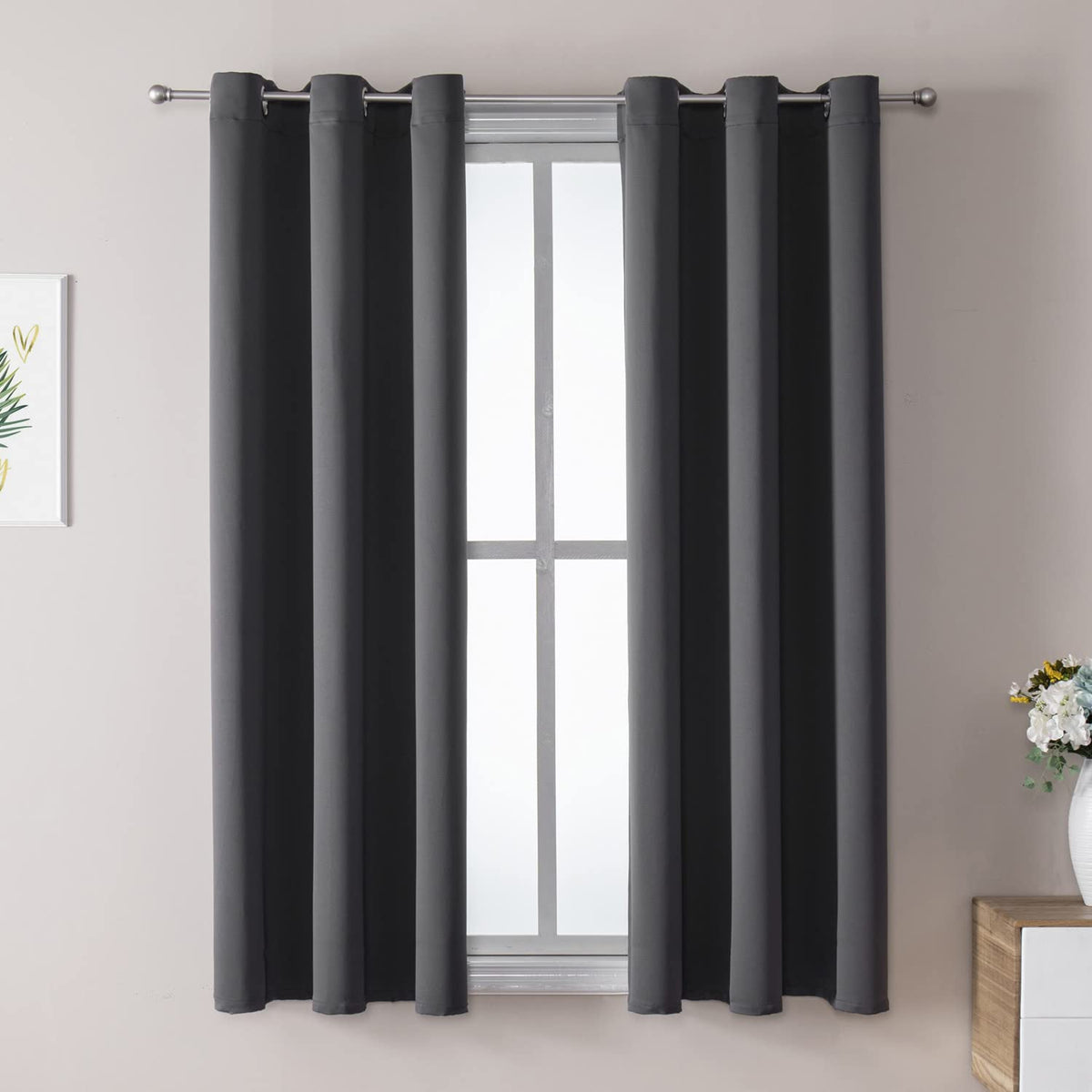 ChrisDowa grommet blackout curtains, 2-panel dark-grey set, ideal for bedroom privacy.