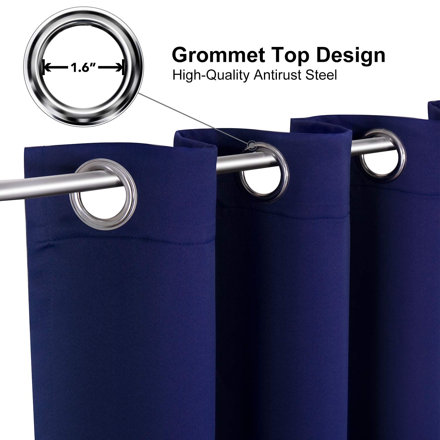 ChrisDowa grommet blackout curtains navy close-up grommets highlight durable hardware