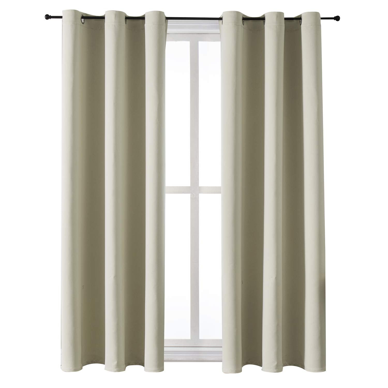ChrisDowa grommet curtains beige 2-panel on rod, light control and privacy.