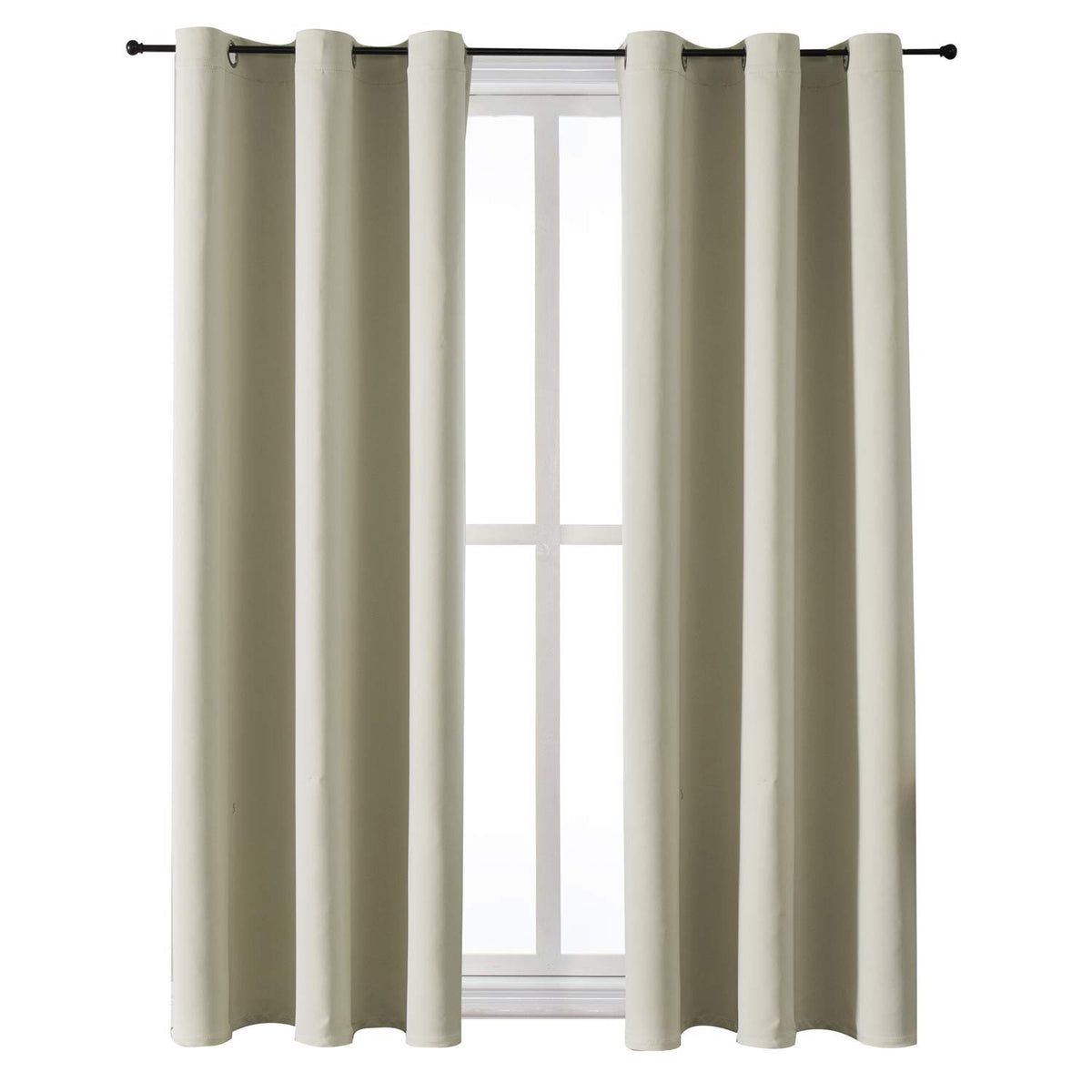 ChrisDowa grommet curtains beige 2-panel on rod, light control and privacy.