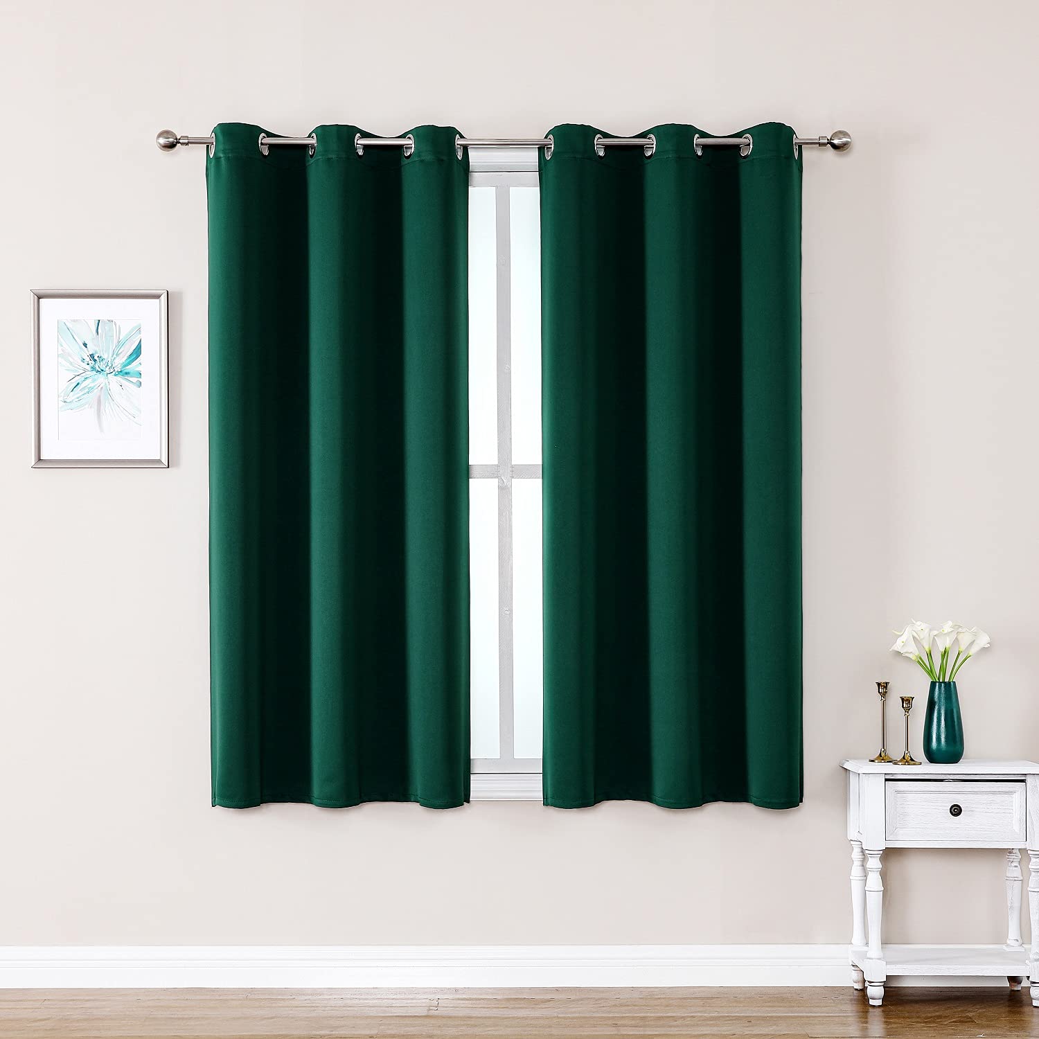 ChrisDowa Grommet curtains forest green closeup, soft fabric for a quiet evening.