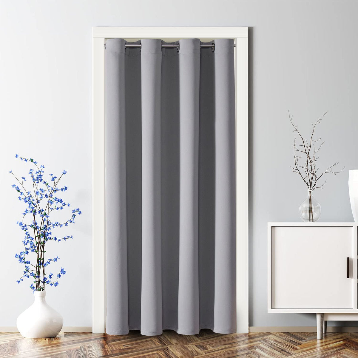 ChrisDowa light-gray door curtain with grommets for smooth sliding and privacy.