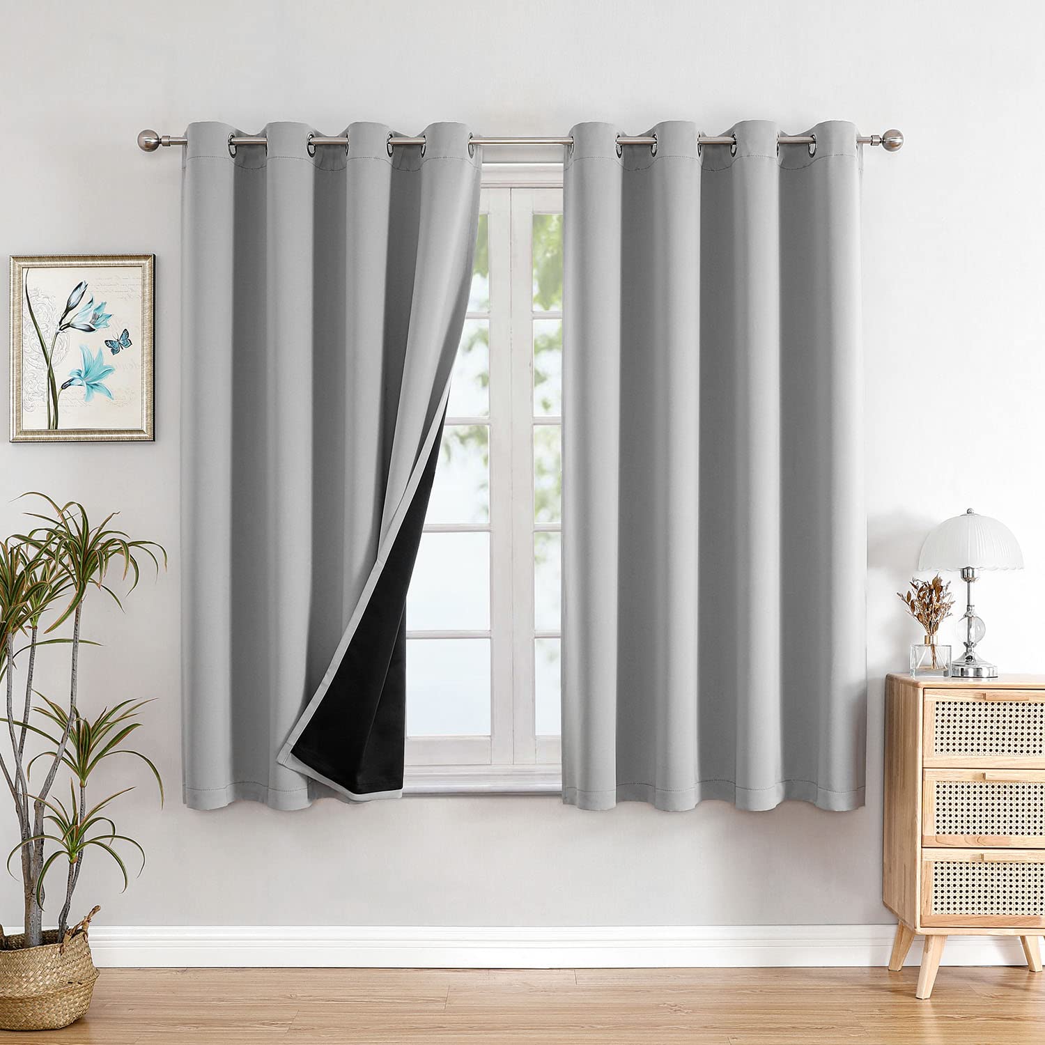 ChrisDowa light grey blackout curtains front view with grommets for easy install
