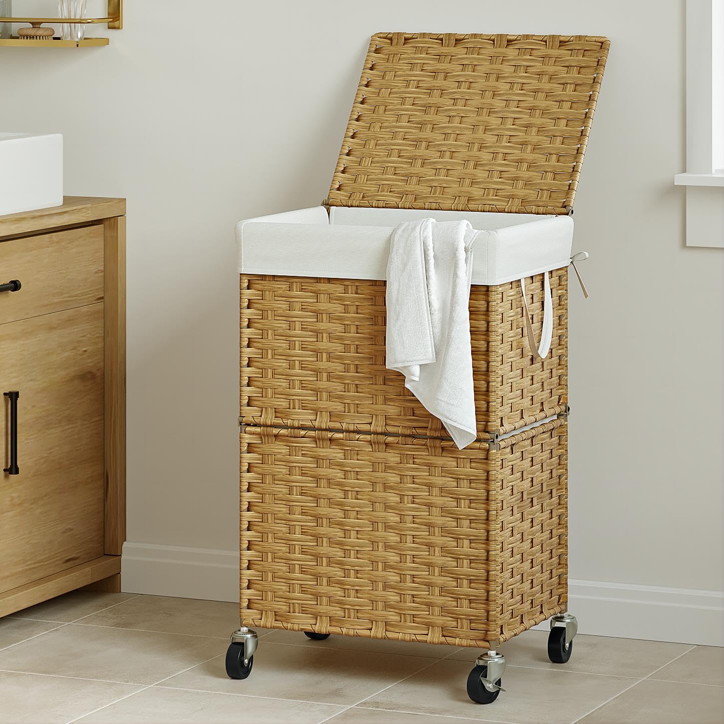 Chrislley laundry hamper with dust lid in yellow hides laundry odors.