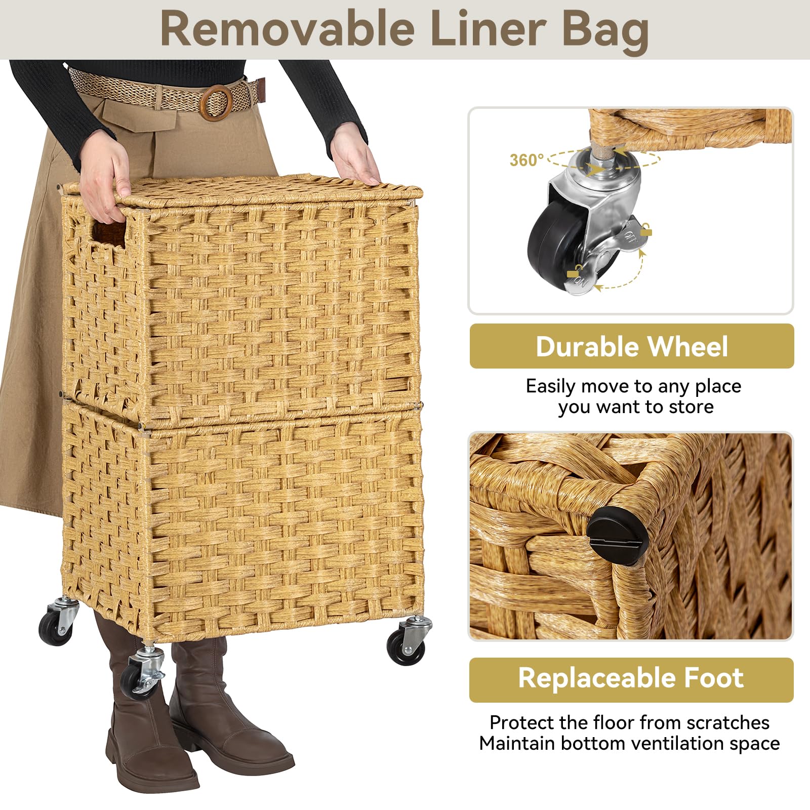 Chrislley wheeled basket in yellow moves smoothly between rooms.