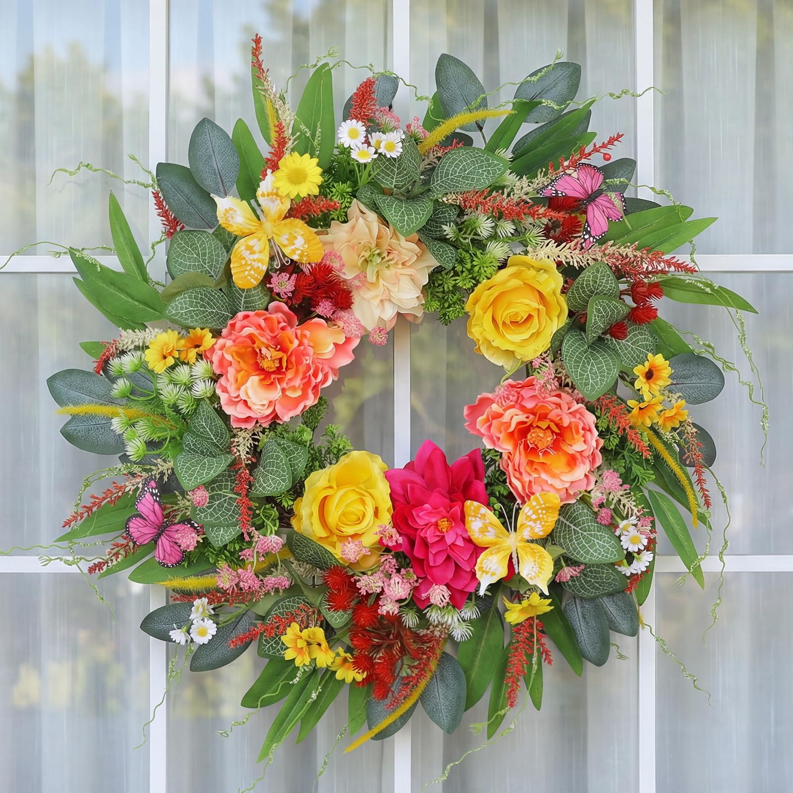 ChrisXiao 24-inch spring wreath displayed on a door for welcoming curb appeal