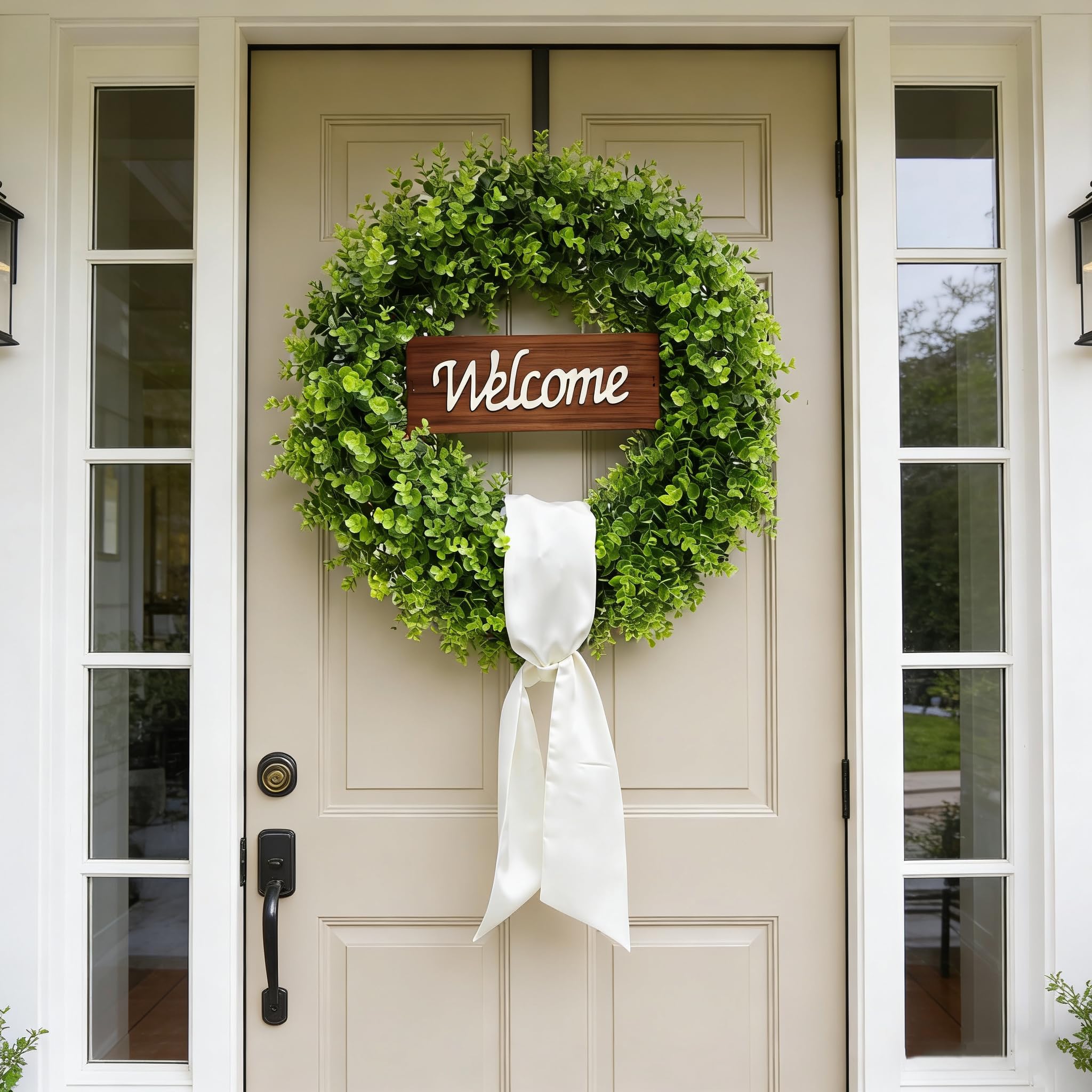 ChrisXiao boxwood wreath with welcome sign highlighting entryway