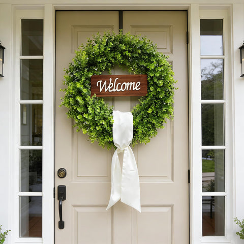 ChrisXiao boxwood wreath with welcome sign highlighting entryway