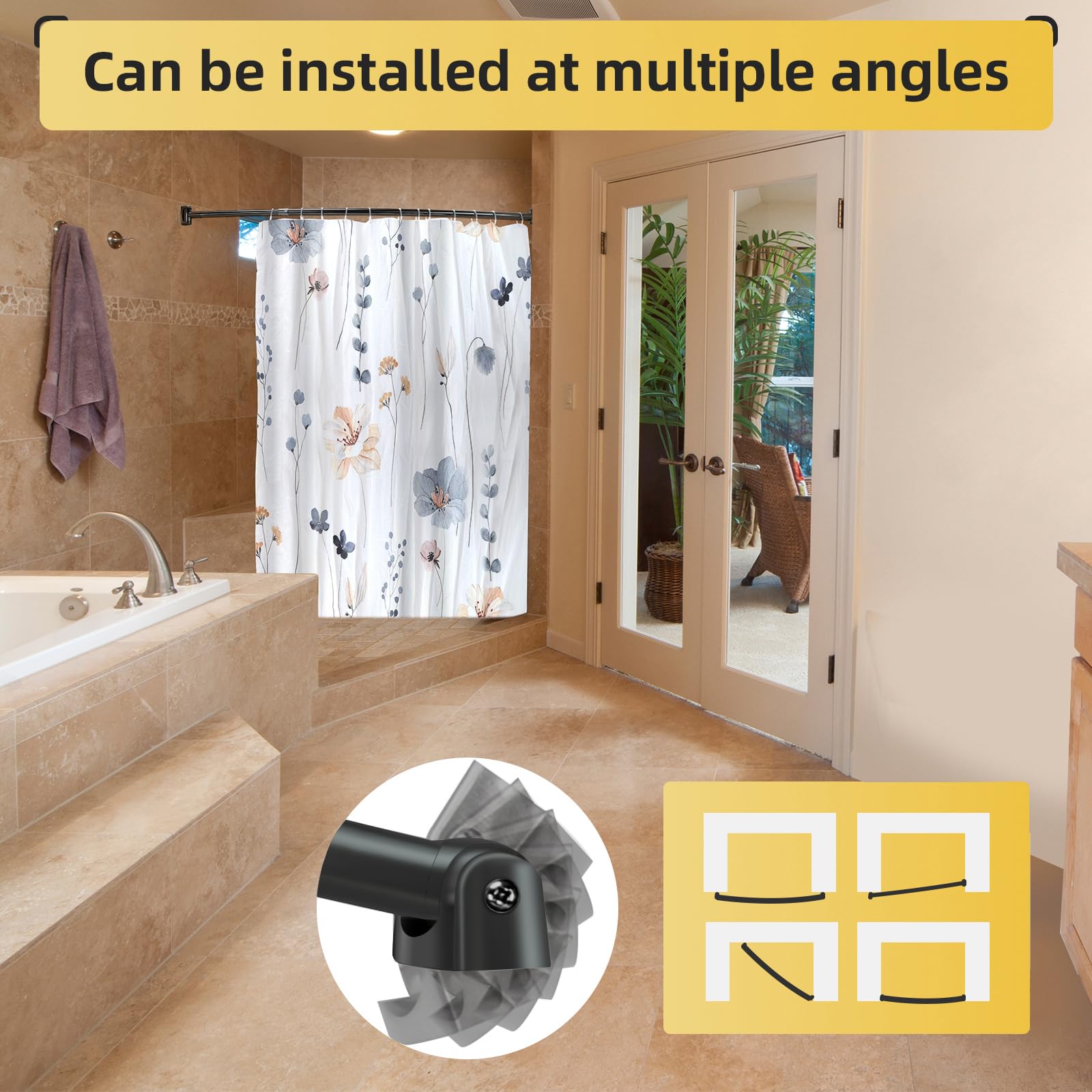 Chrsouly black curved shower rod complements modern bathroom decor.