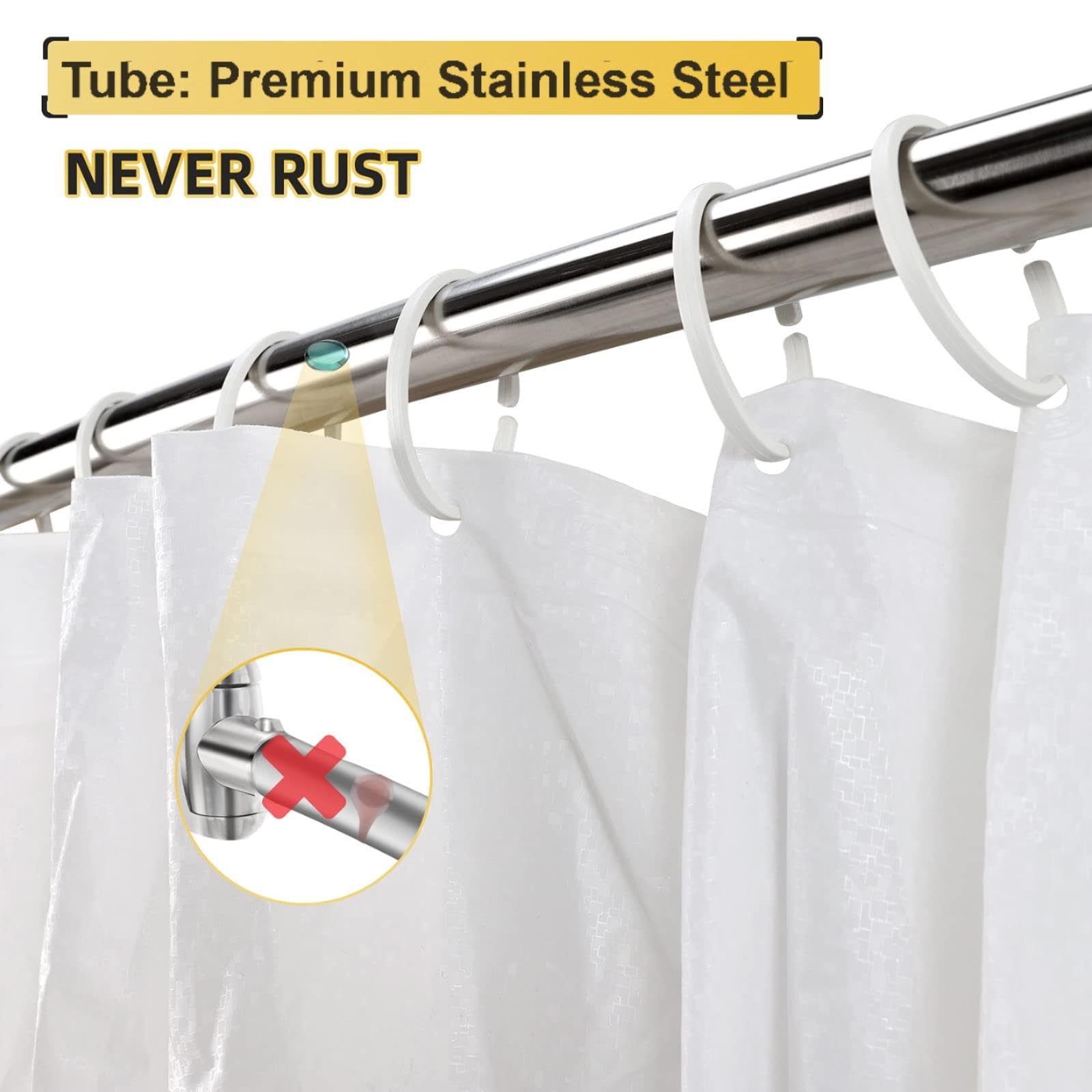 Chrsouly curved shower rod with rotating bracket for stable mounting.