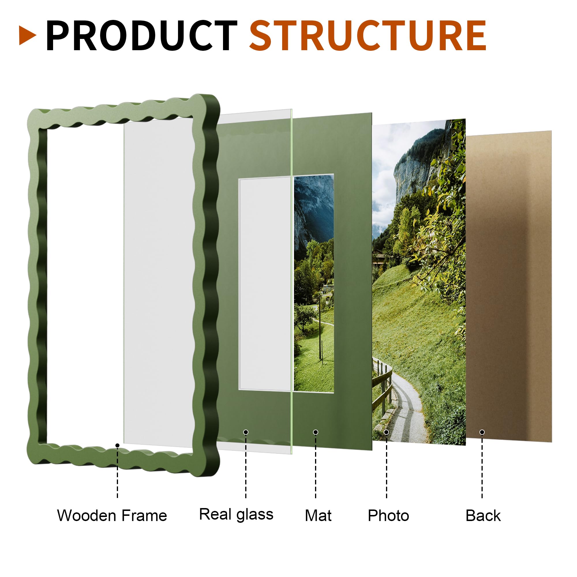 Chrspk 8x10 green wavy frame on a desk for easy photo display.