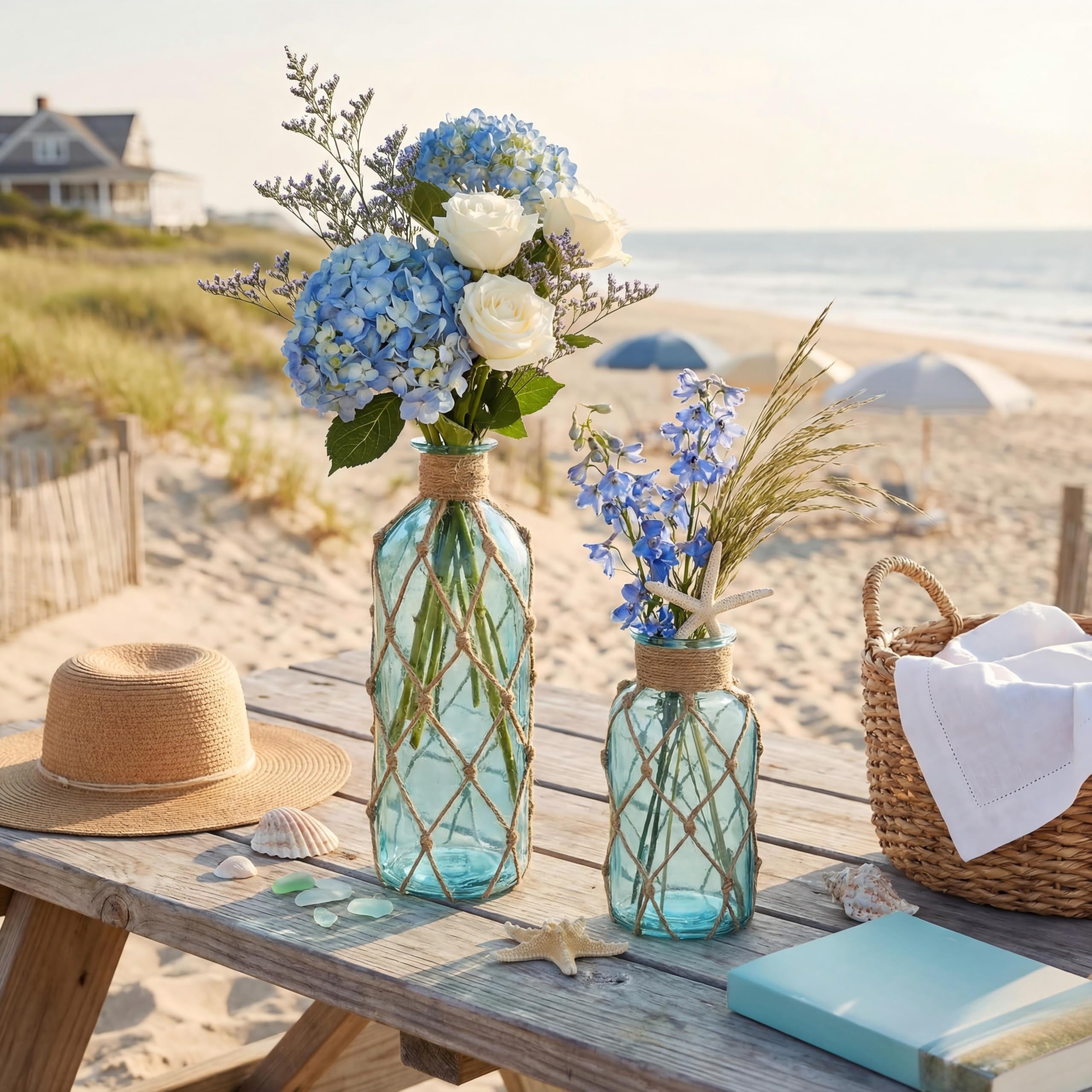 Chuangdi light blue vase on nightstand adds tranquil vibe.