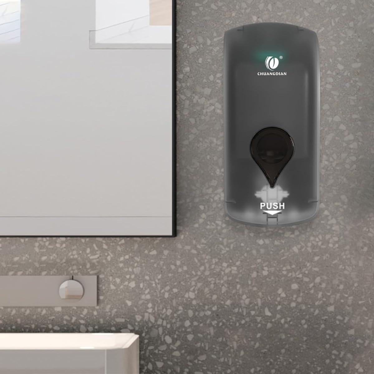 Close-up of CHUANGDIAN dispenser's easy one-handed push button.