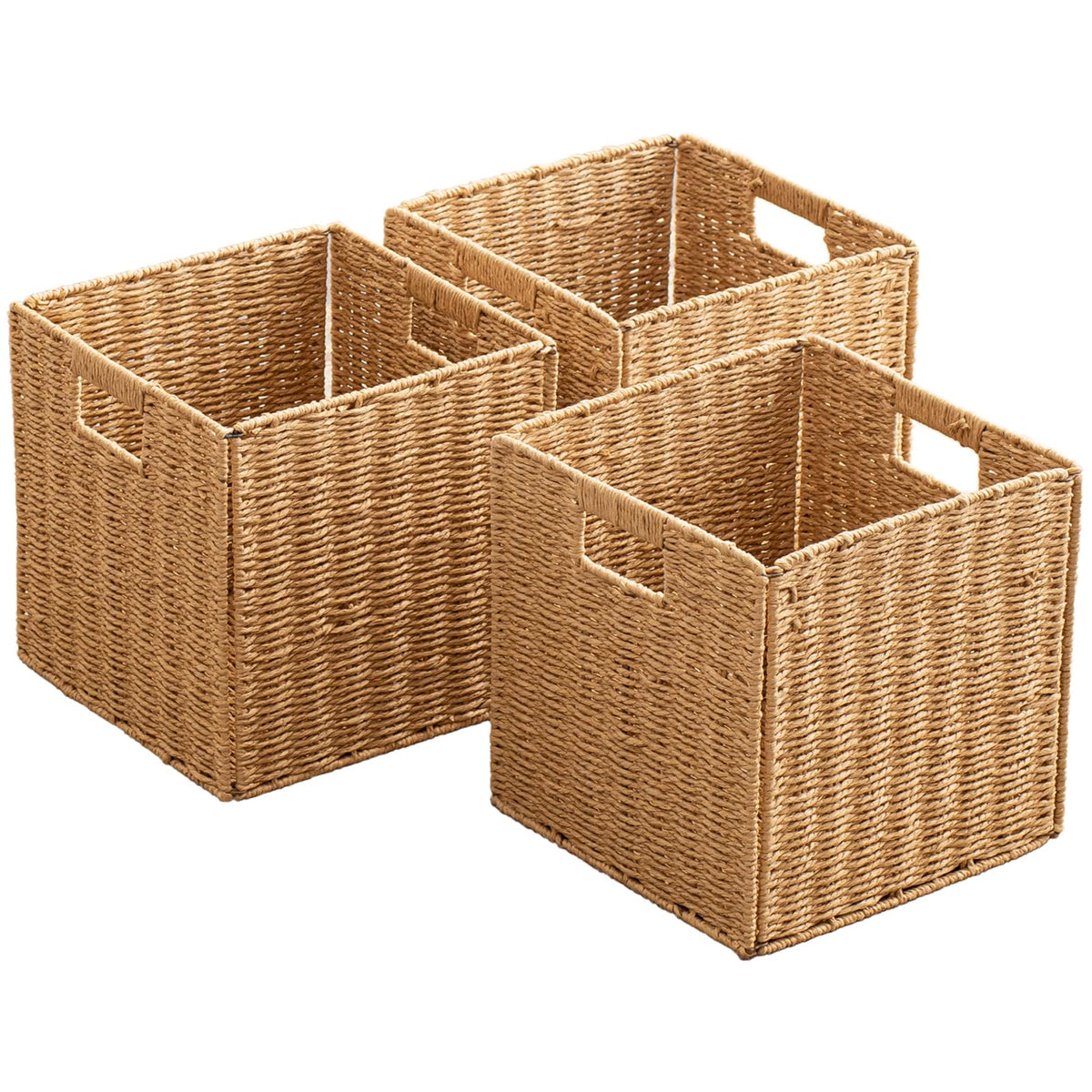 ChubanCraft foldable storage basket with handles seen flat for space-saving shelf organization.