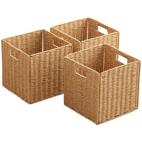 ChubanCraft foldable storage basket with handles seen flat for space-saving shelf organization.