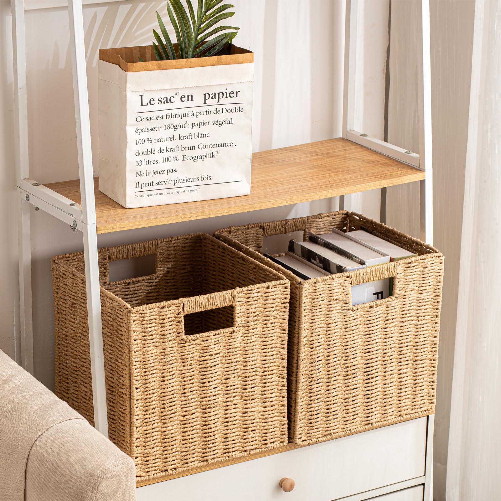 ChubanCraft rectangle paper rope basket on a shelf for neat organization.