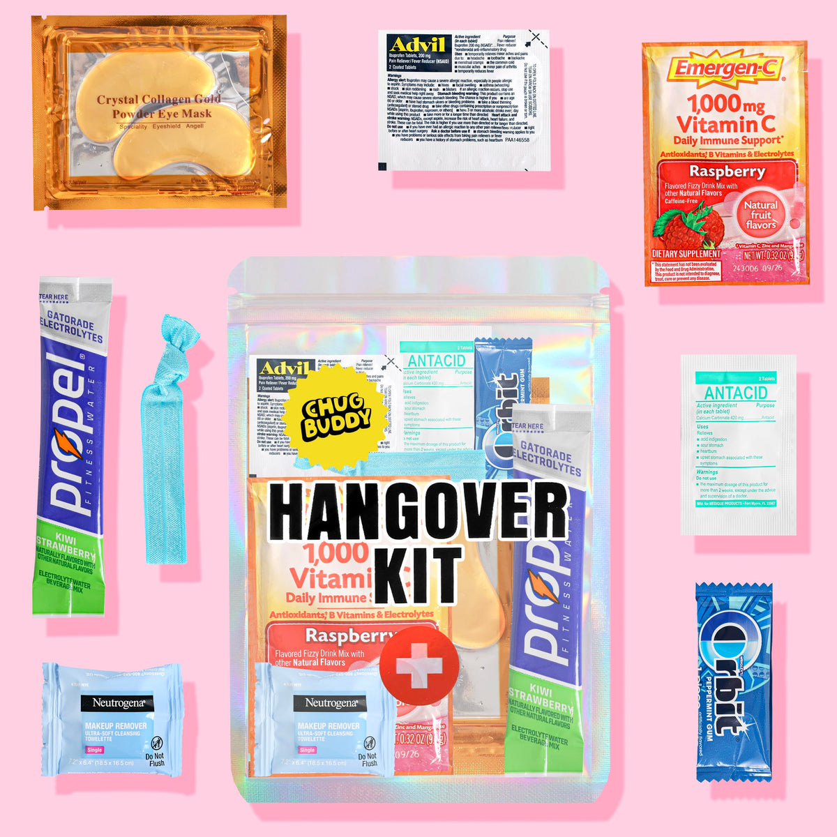 Chug Buddy hangover kit bag close-up highlighting waterproof holographic bag for easy on-the-go gifting.