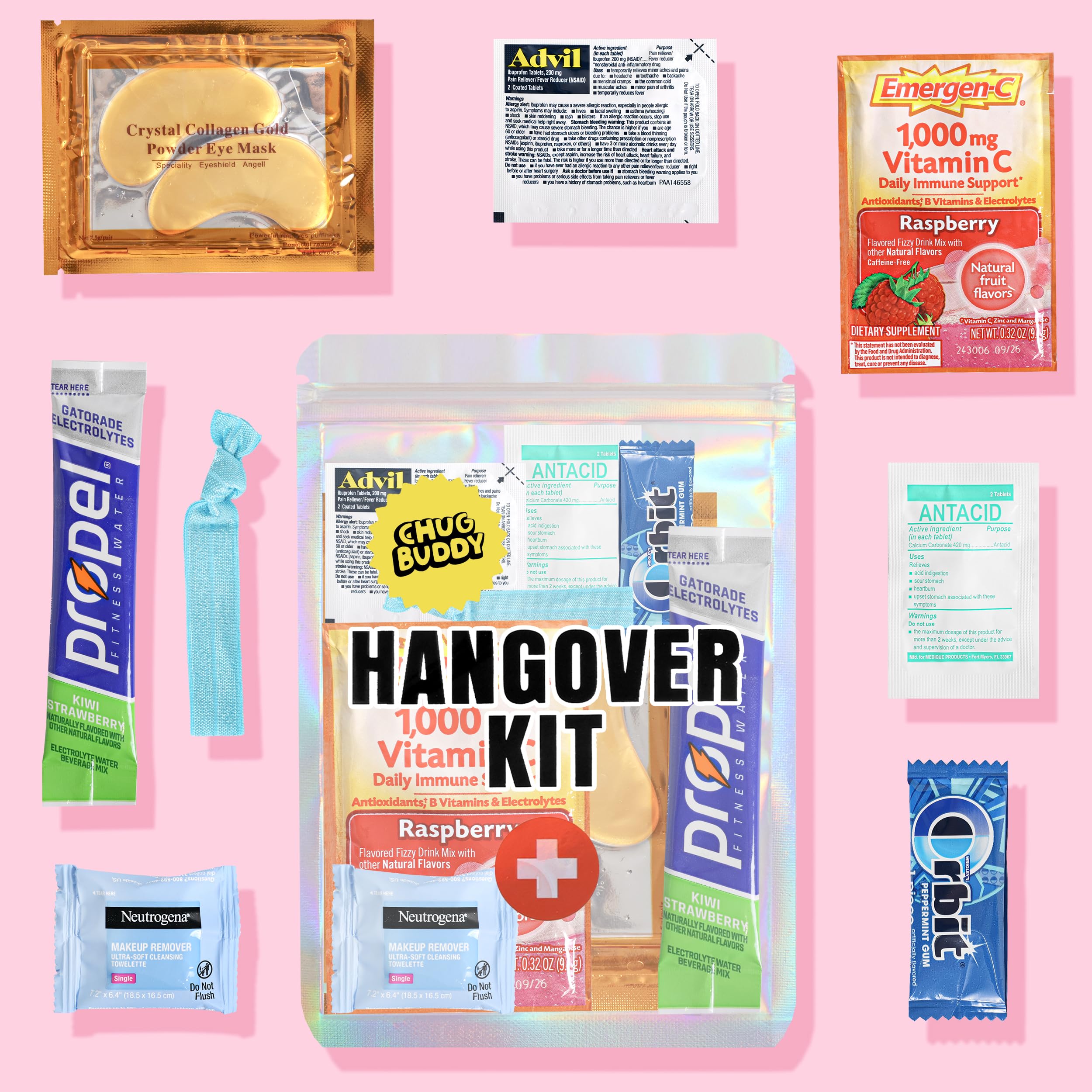 Chug Buddy hangover kit bag front view, ideal party favors for celebrations.