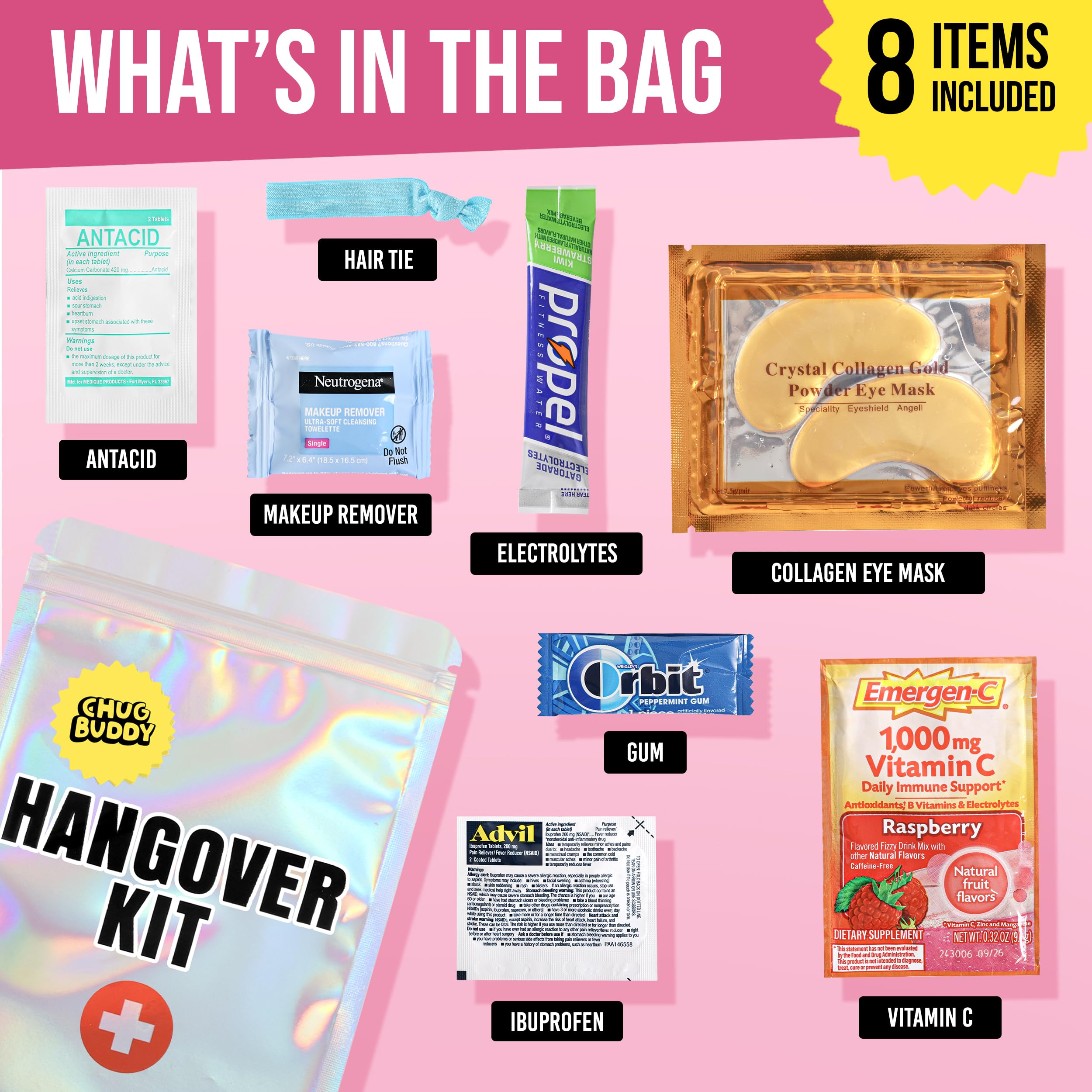 Chug Buddy hangover kit bag side view, portable for purse essentials.