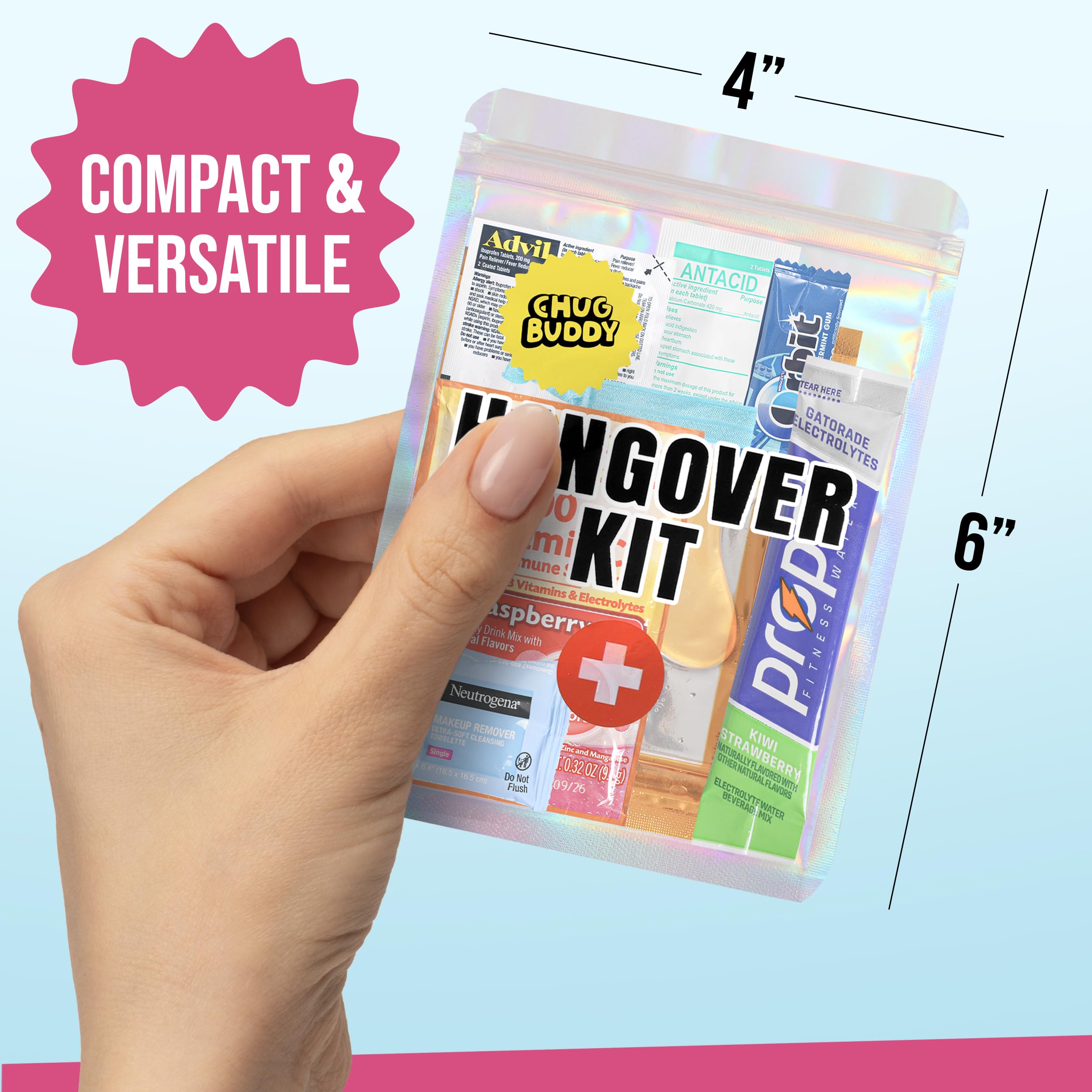 Chug Buddy hangover kit bags interior contents; shows pre-filled convenience.