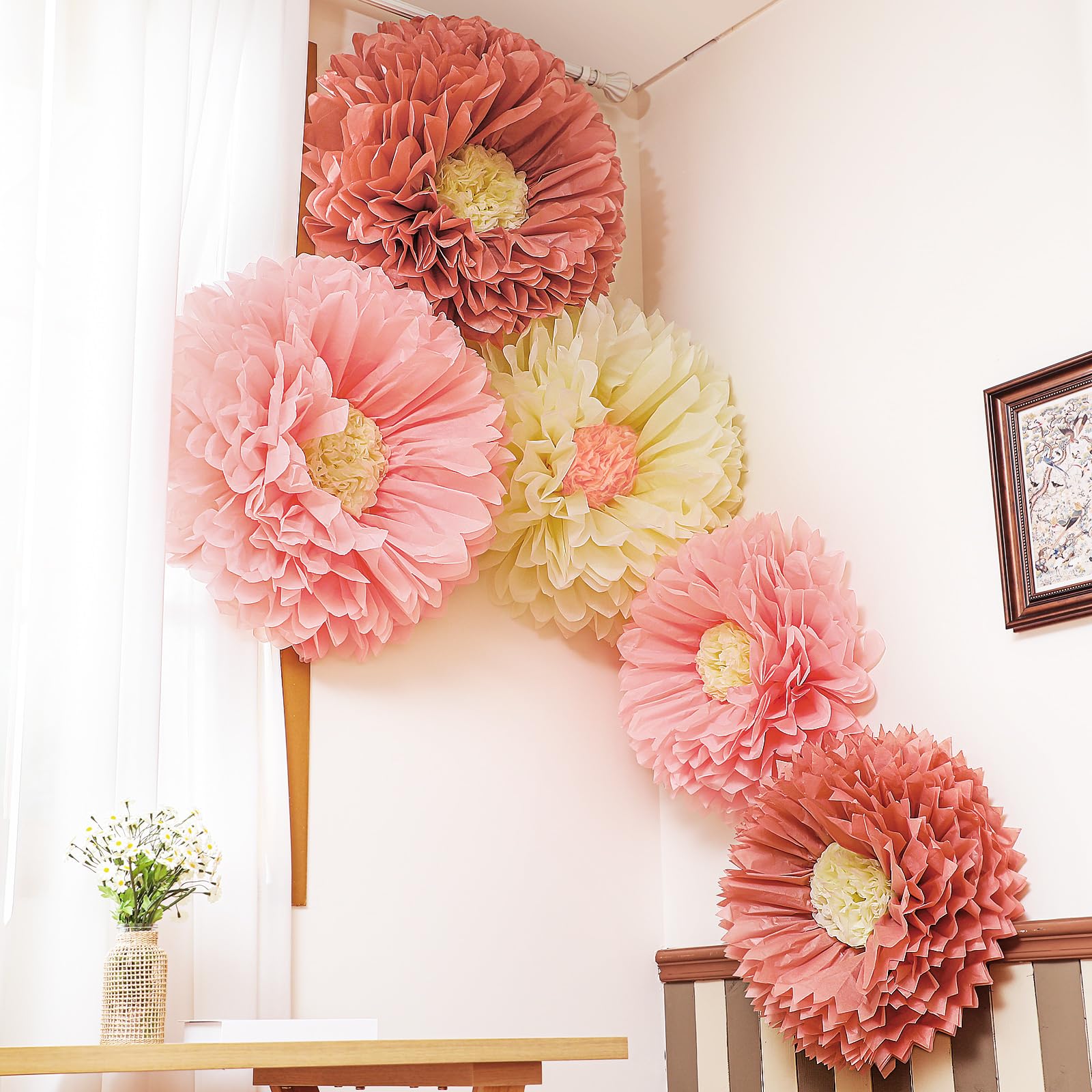 Chunful boho tissue flower 30-inch Bermuda Sand for dramatic wedding backdrop