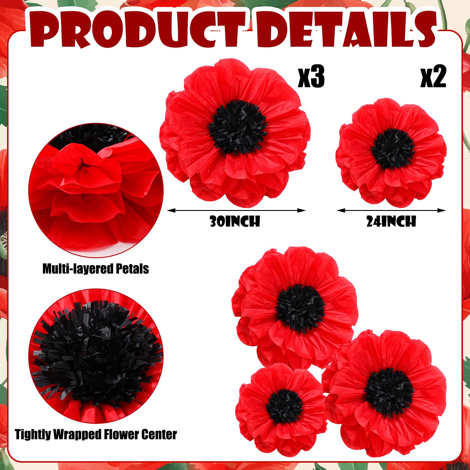 Chunful 24in red poppy with black center for dramatic wall backdrop