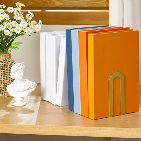 Chunful gold book ends dimensions shown for compact desk setup.