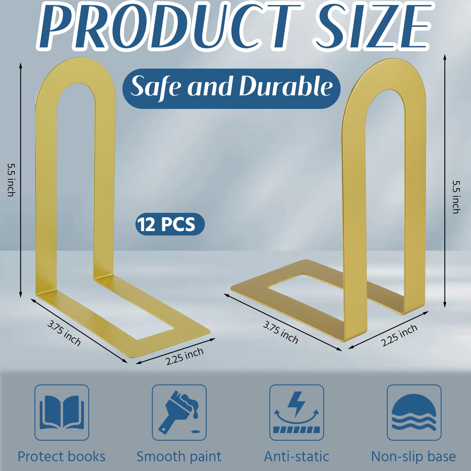 Chunful gold book ends in sturdy steel offer lasting shelf support.