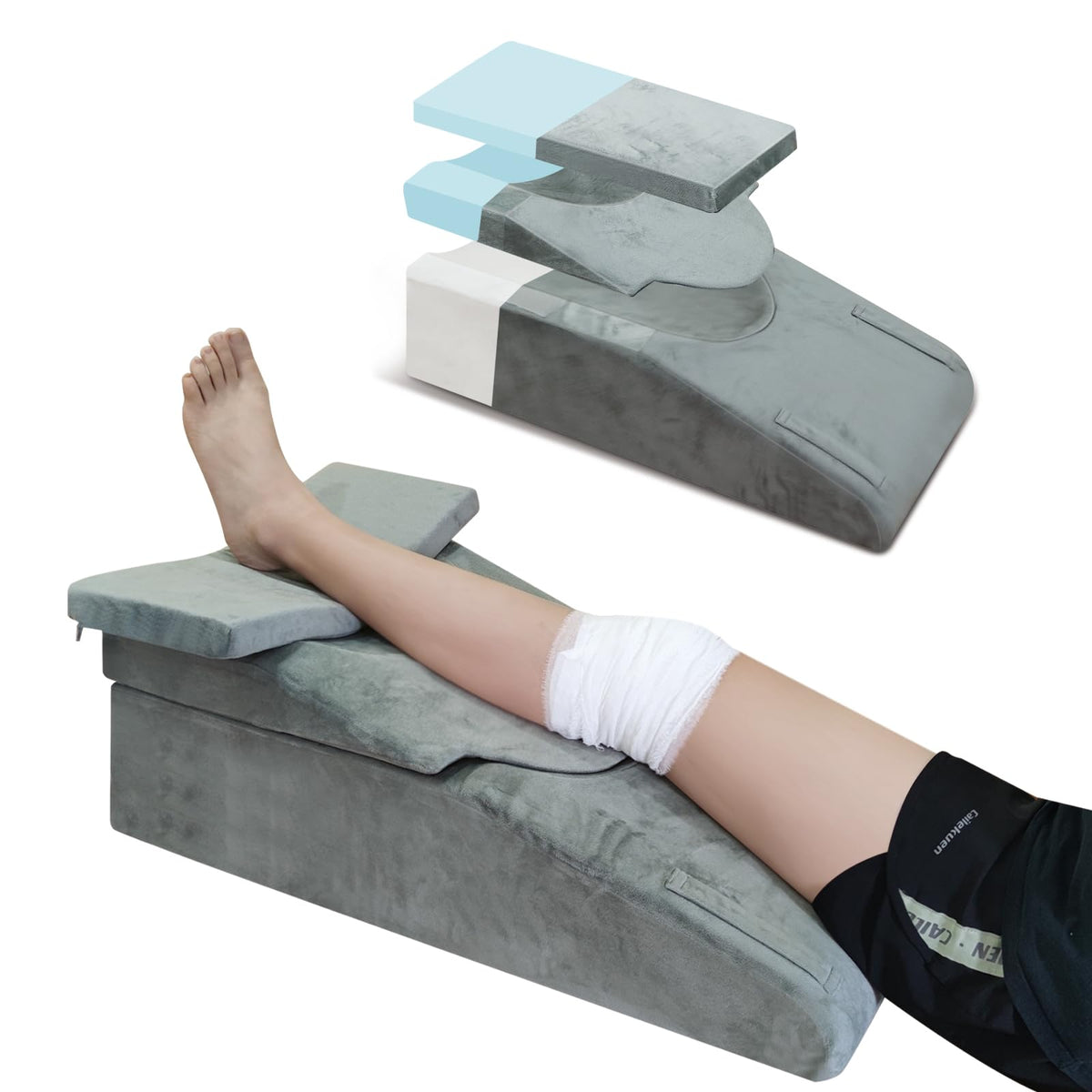 ChunxiFurnis knee extender elevation pillow close-up highlighting soft memory foam and breathable plush cover