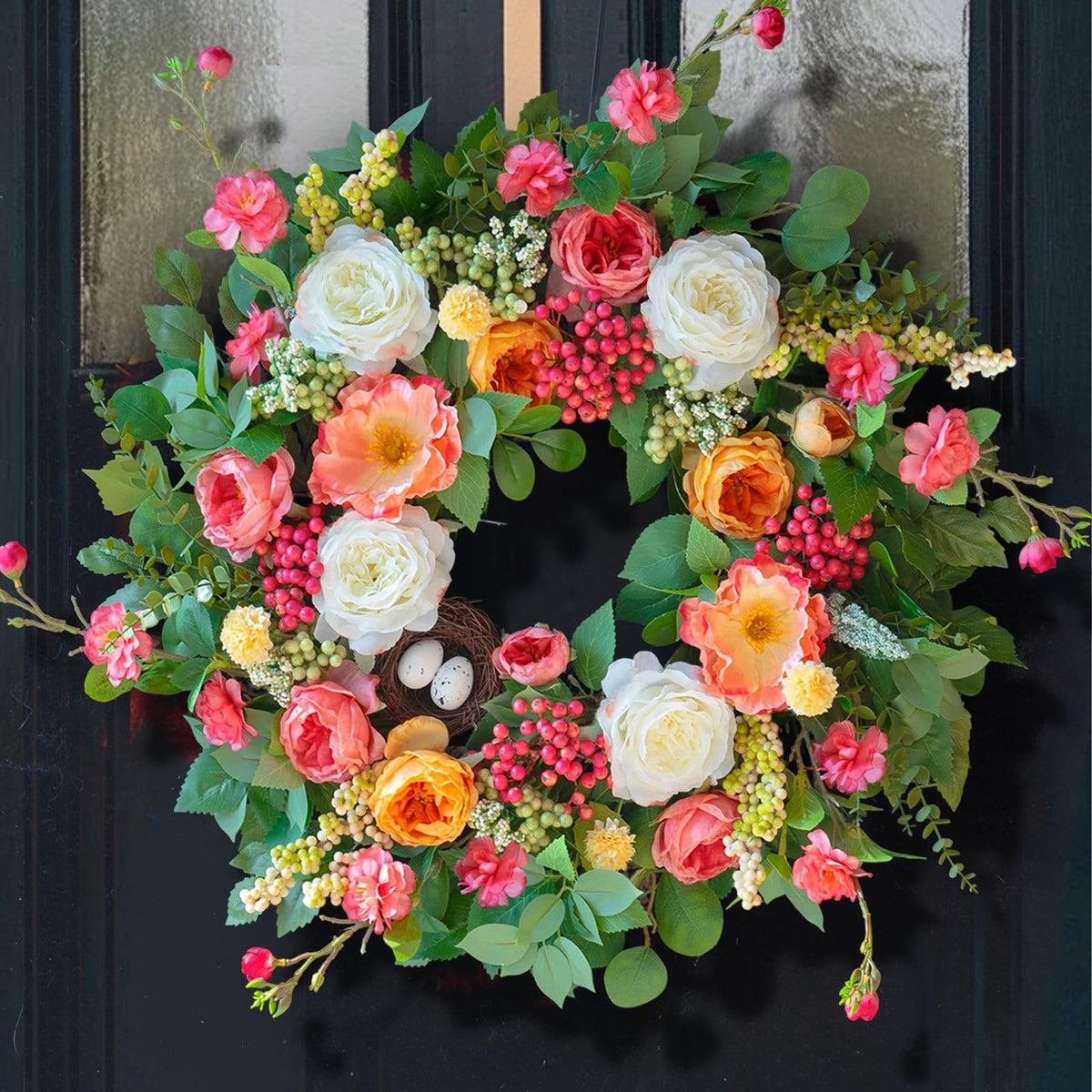 CHvista 24-inch wreath with roses creates a welcoming front door ambiance.