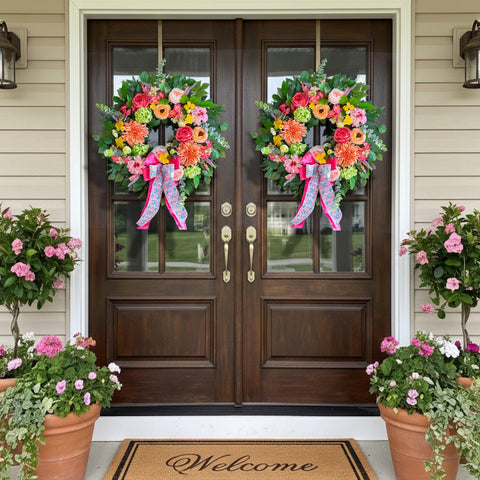 CHvista 24 inch front door wreath displayed on a door