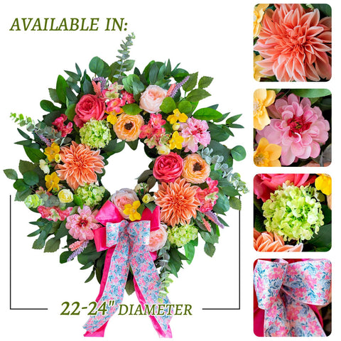 CHvista front door wreath hung on a door showing size and bow
