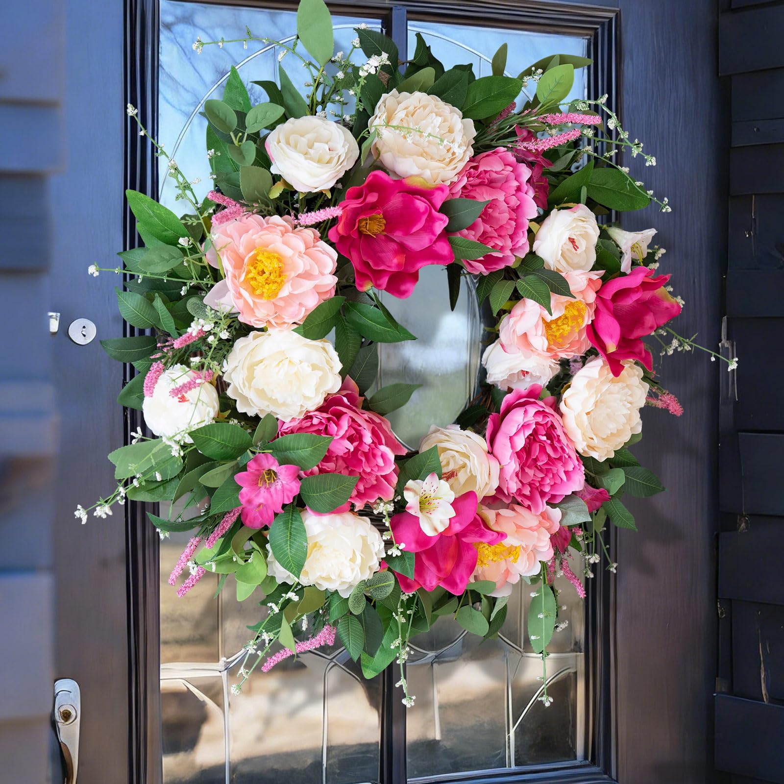 Outdoor front door display resists weather while staying beautiful.