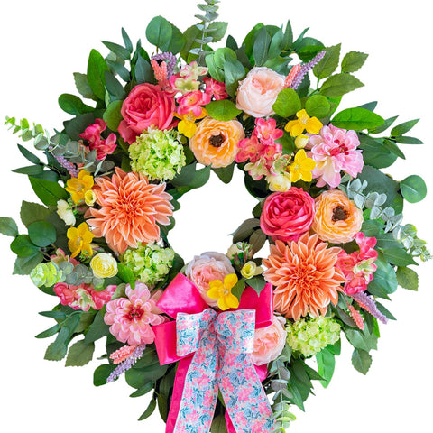 CHvista pink bow embellishment on peach bouquet wreath