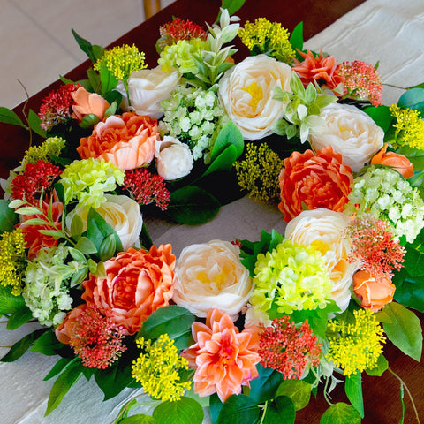 CHvista coral peonies wreath brightens entry with color
