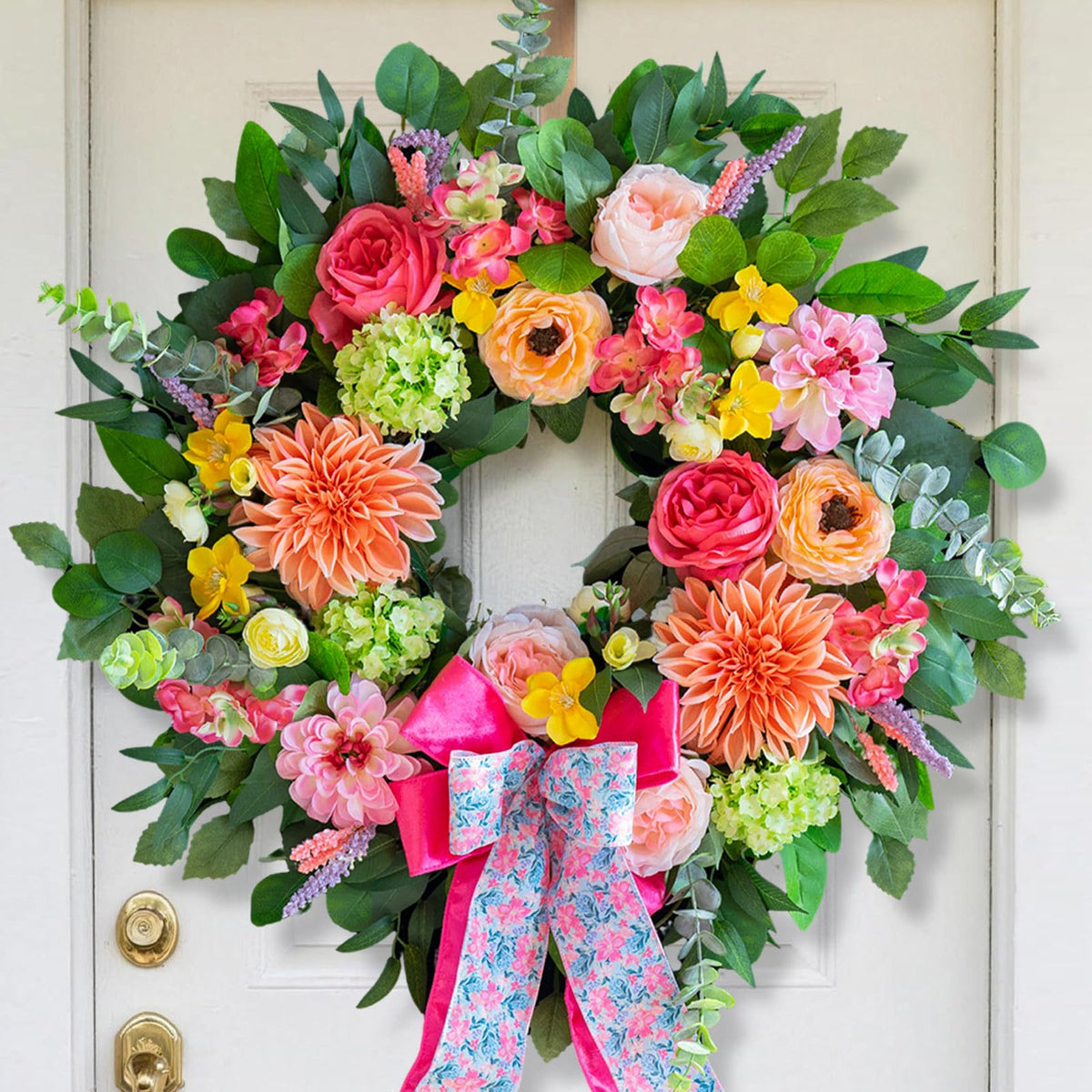 CHvista spring wreath with peach dahlias for outdoor entry