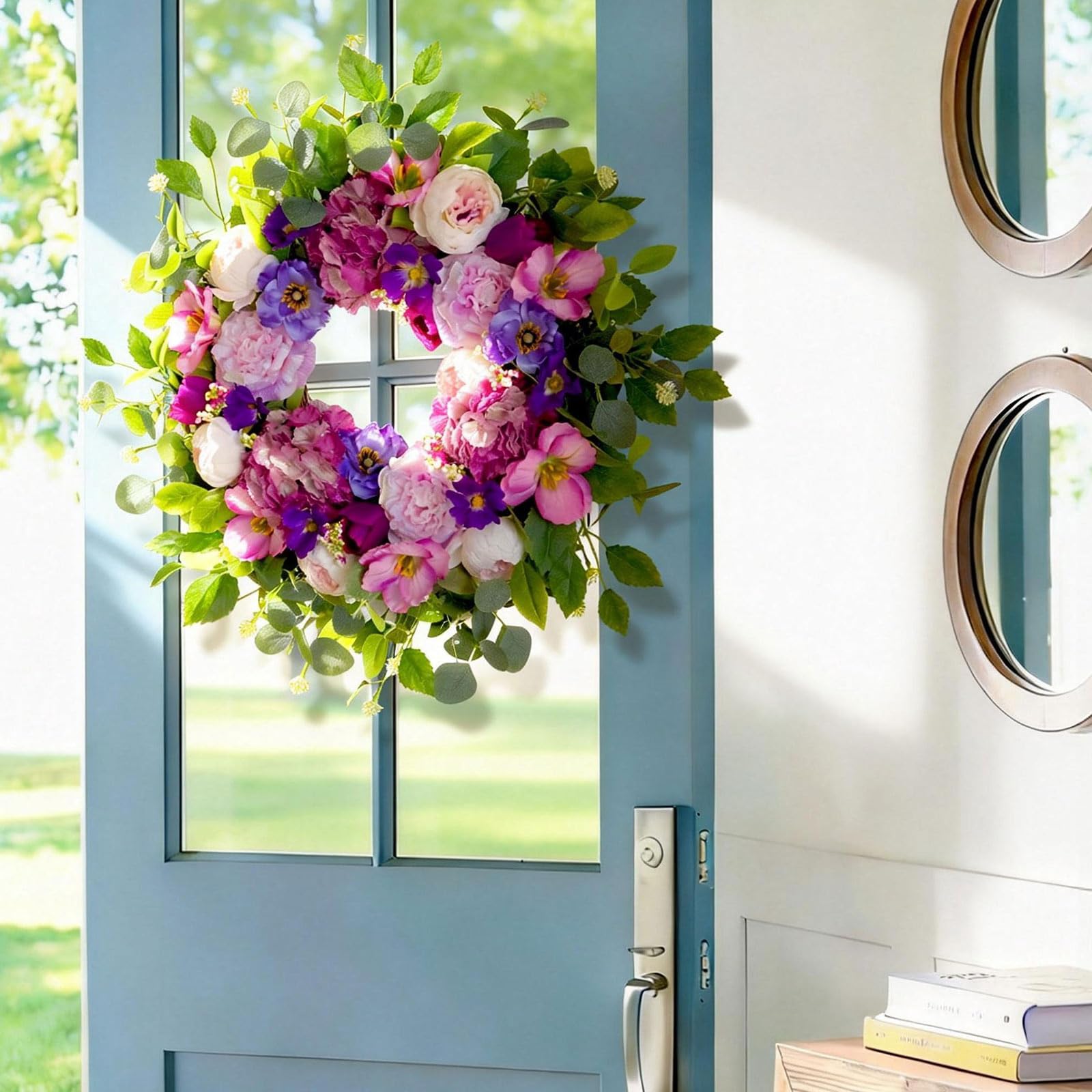 CHvista spring wreath porch purple blooms accent for outdoor welcome display.
