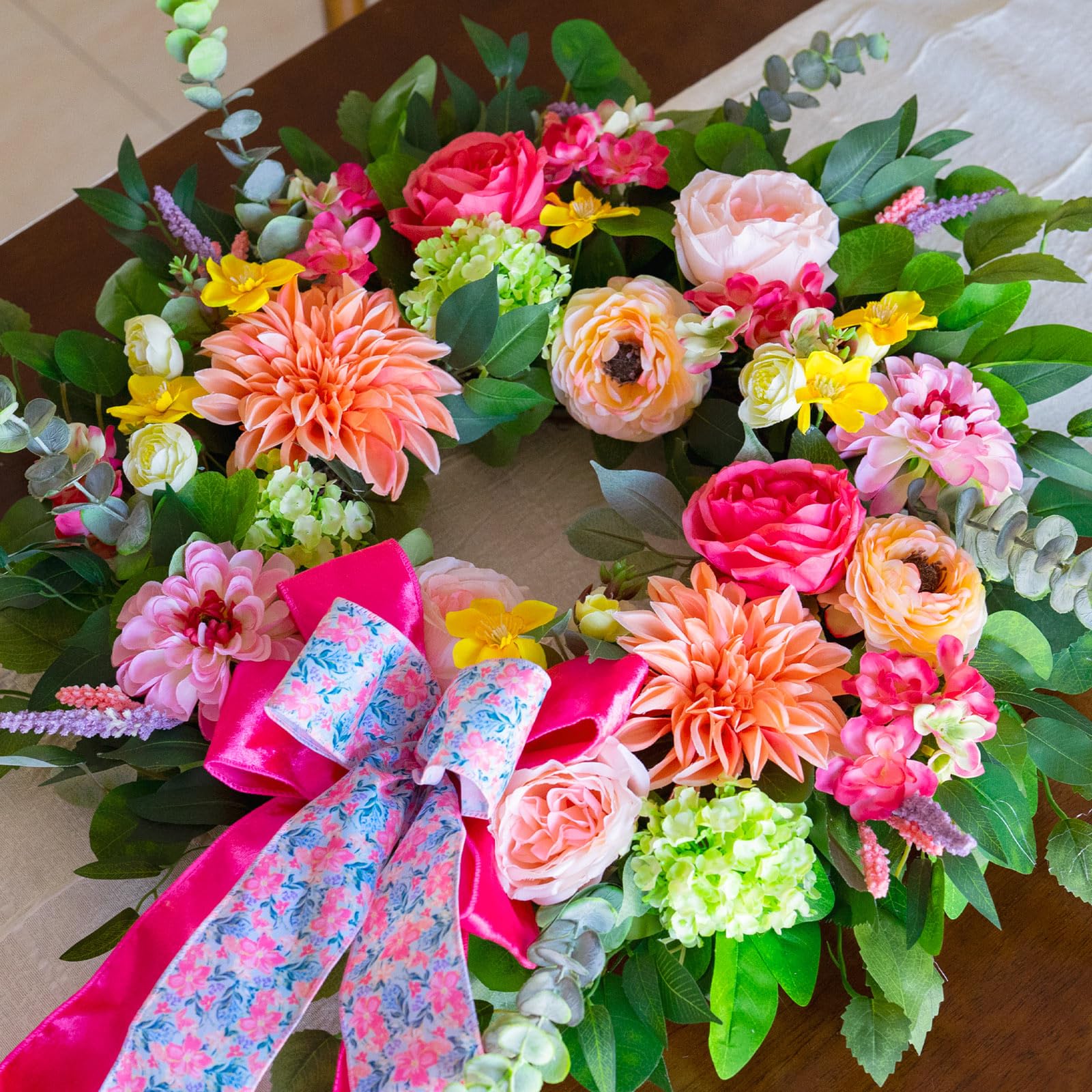 CHvista wreath close-up showing peach dahlia details
