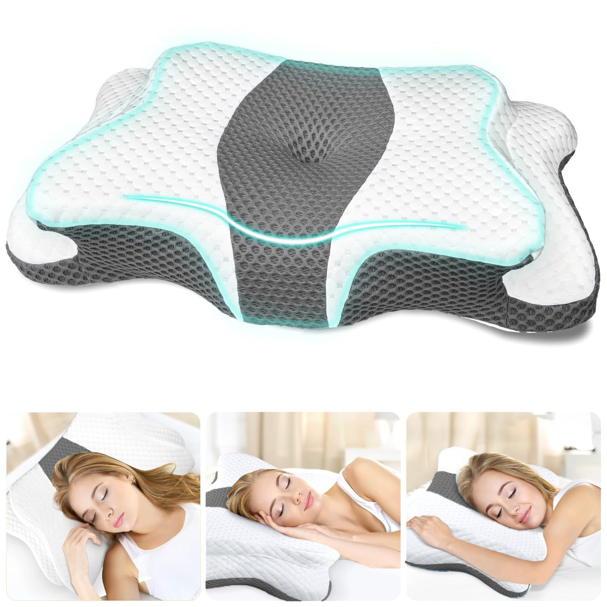 CHxxy cervical neck pillow with angled contour for spinal alignment.