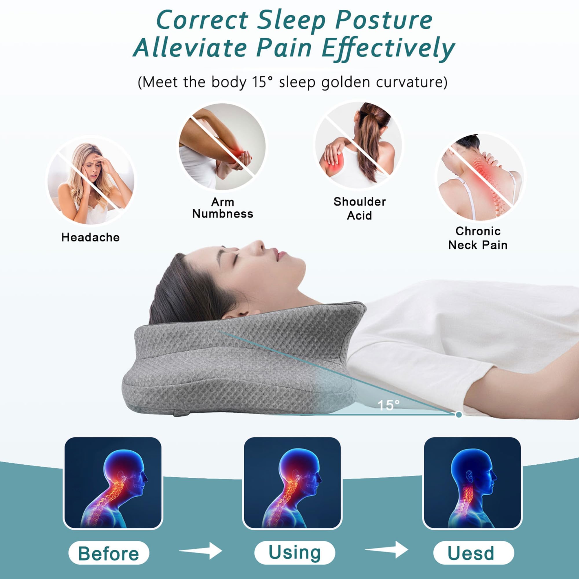 CHxxy Cervical Neck Pillow side profile demonstrates cradle design for spine alignment.