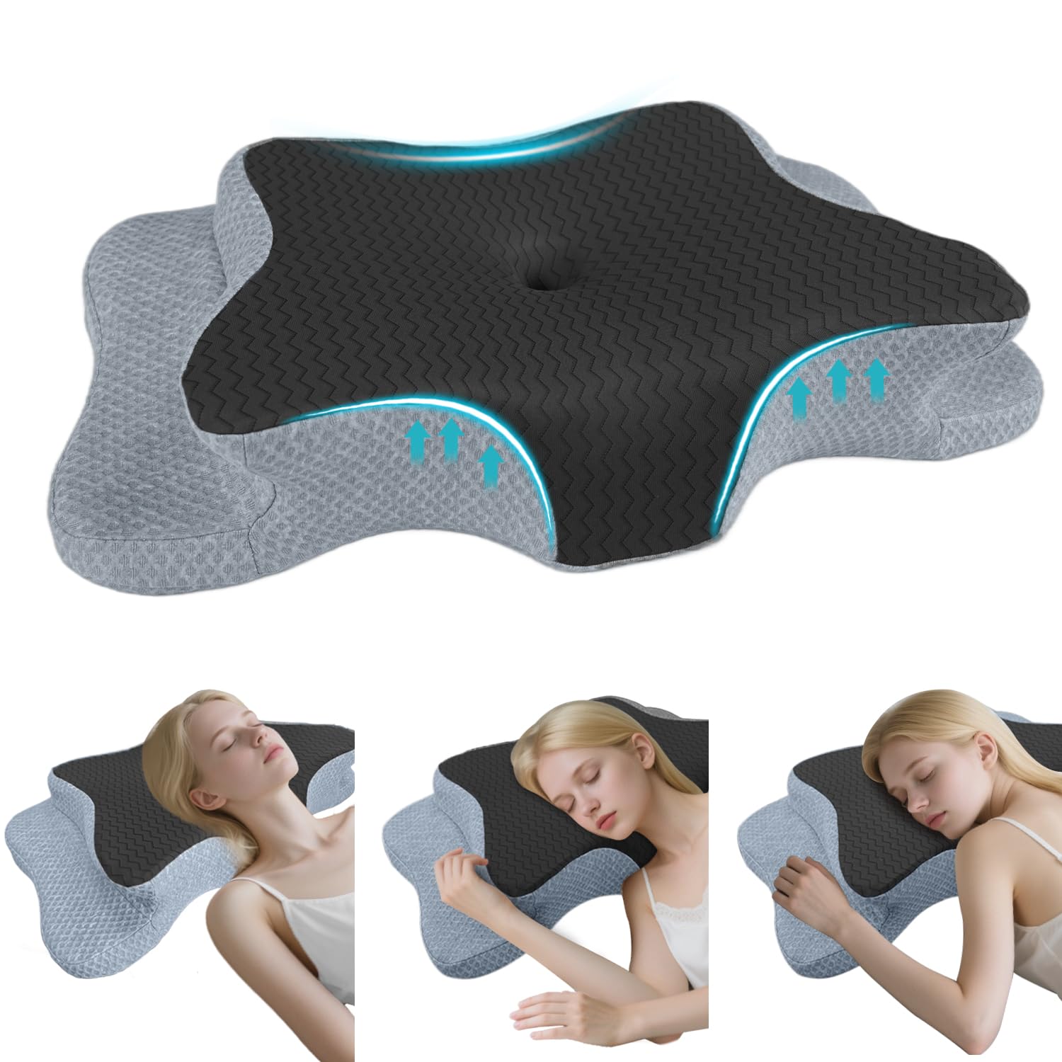 CHxxy cervical pillow shows ergonomic curve for precise neck support during sleep.