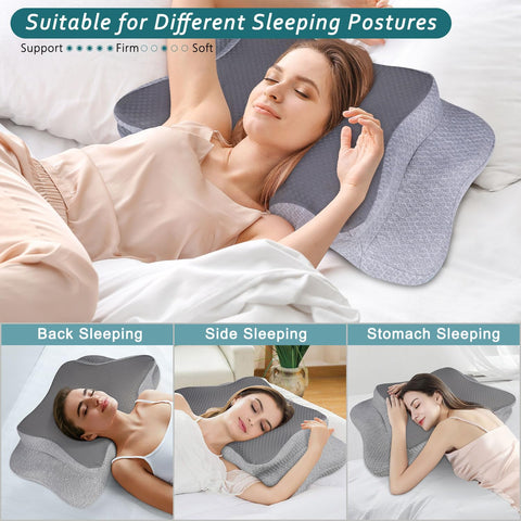CHxxy memory foam core delivers slow rebound comfort with firm neck support.