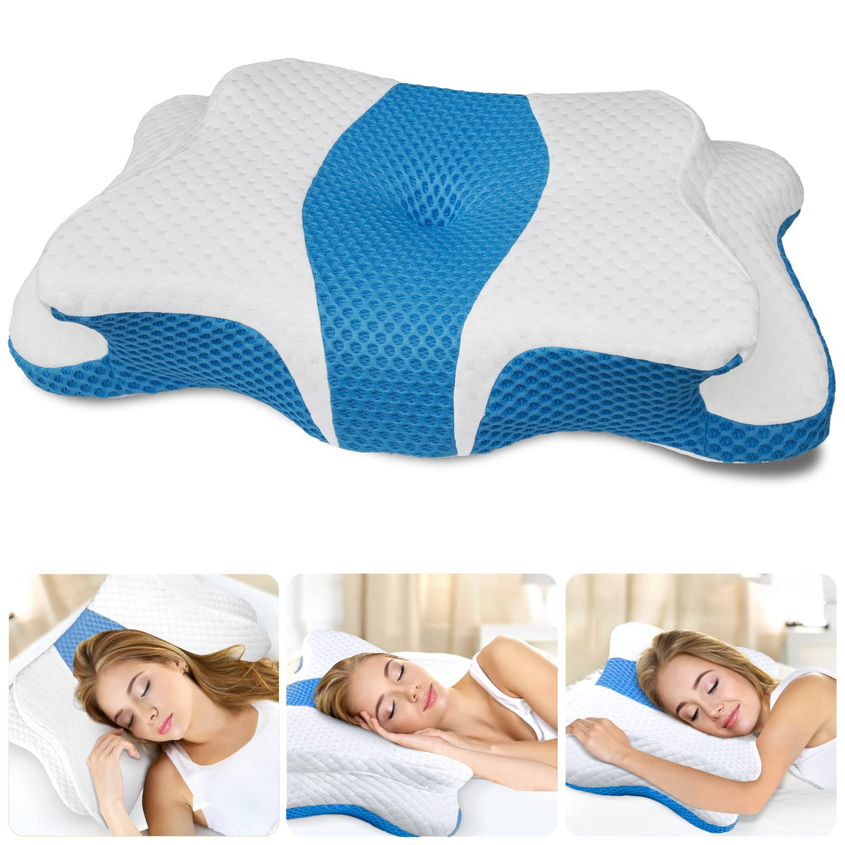 CHxxy memory foam pillow front view shows ergonomic neck support in queen blue.