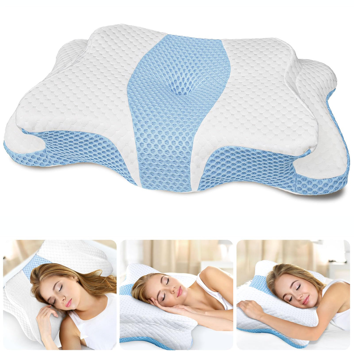 CHxxy Memory Foam Pillow showing ergonomic neck contour for spinal support.