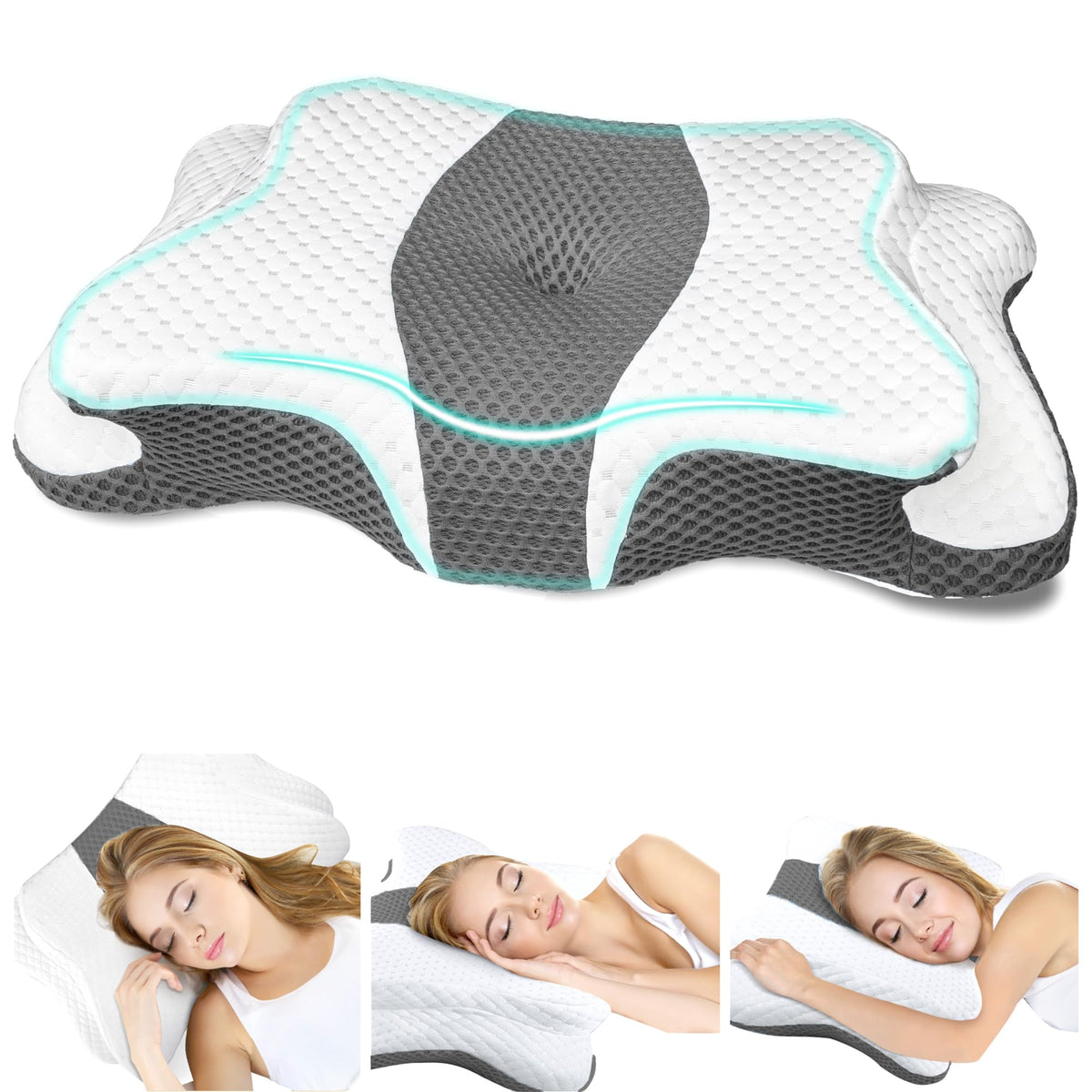 CHxxy memory foam pillow neck contour supports natural neck curve.