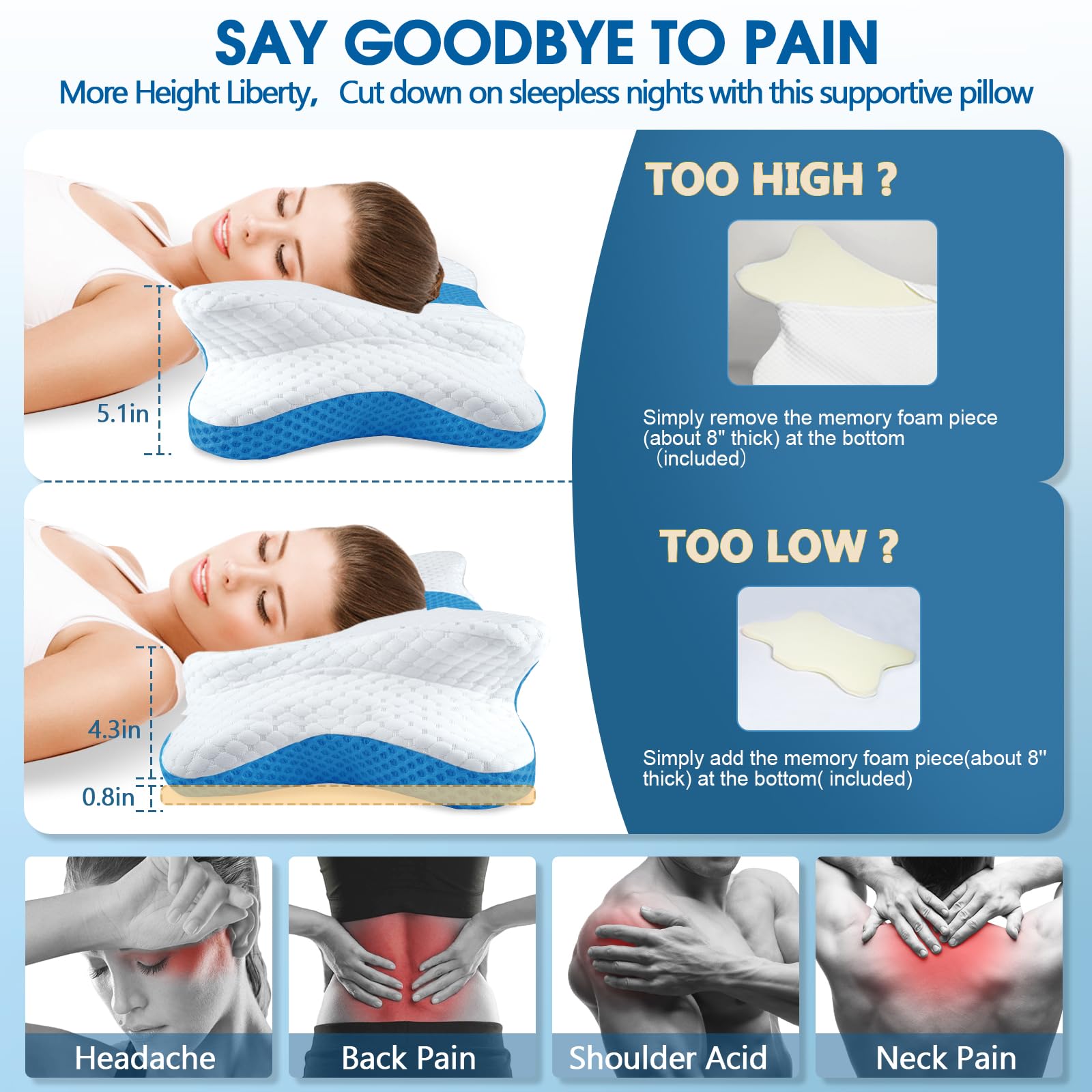 CHxxy memory foam pillow side contour detail highlights hollow center for neck comfort.