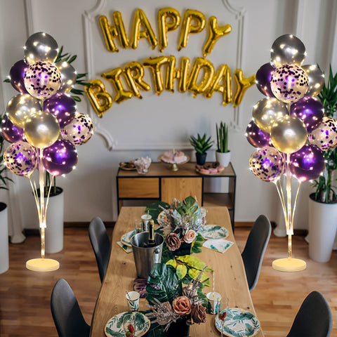Cicicooie multicolor balloons show purple, silver, and gold confetti accents.